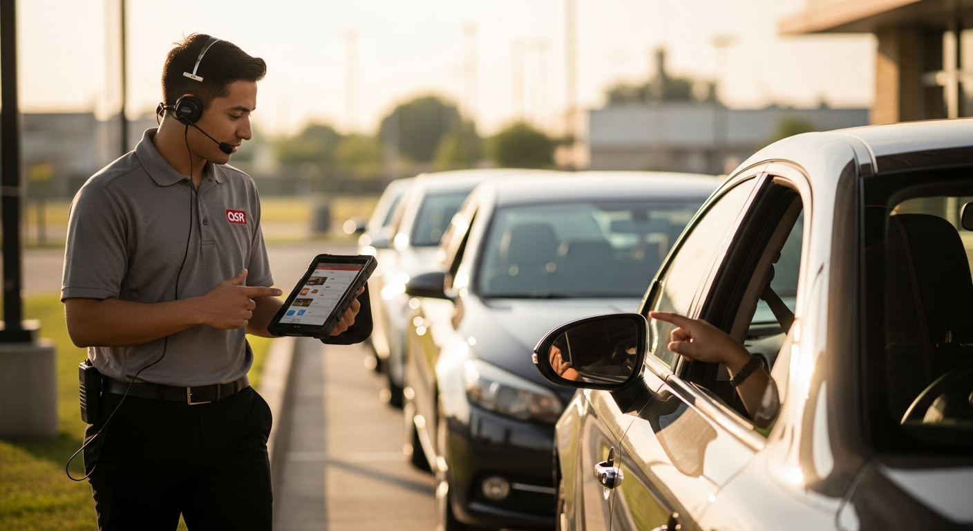 QSR employee taking a drive-thru order on a handheld tablet while walking along a line of cars