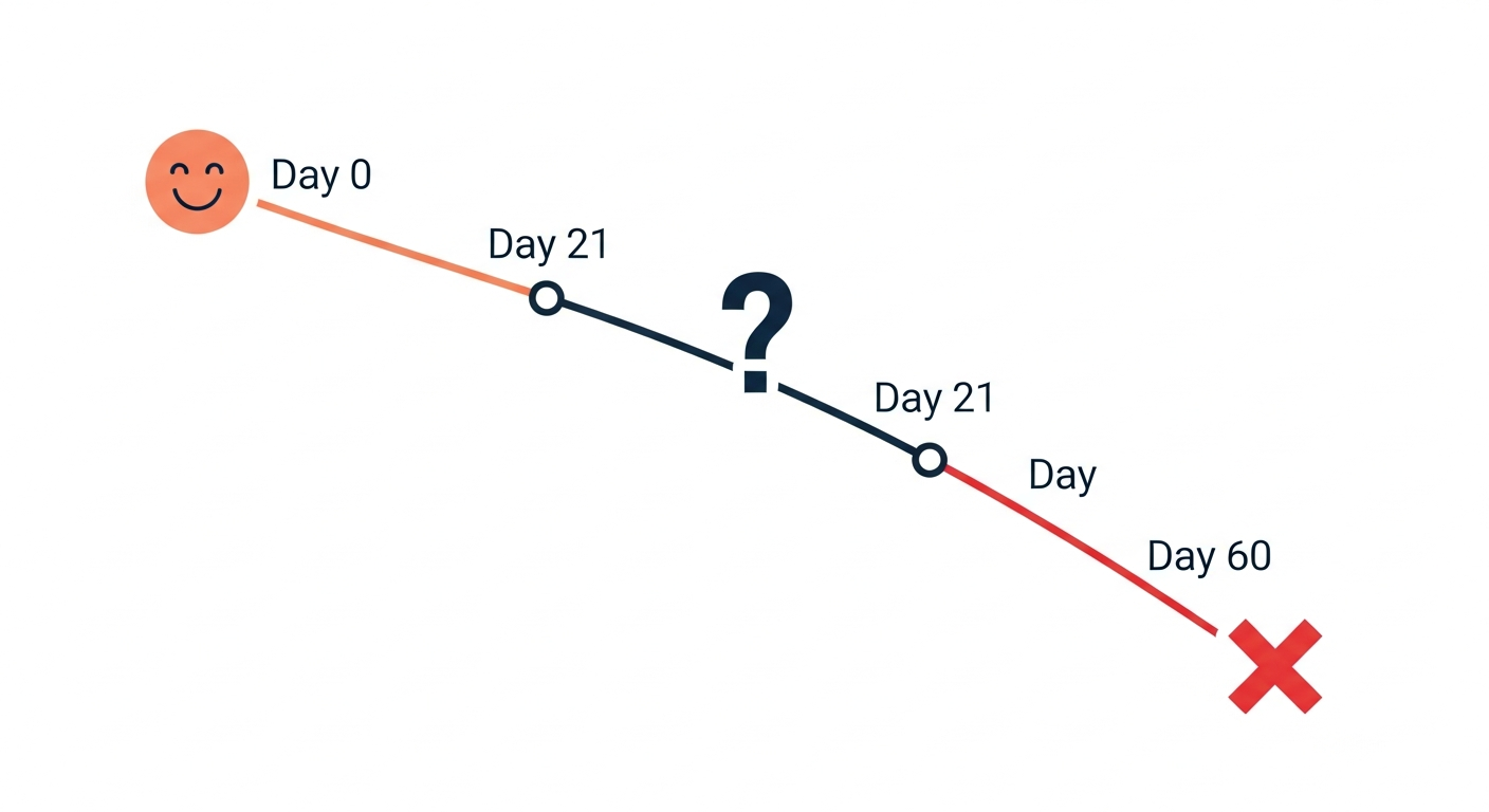 Timeline graphic showing a regular customer's visit pattern declining from active to lapsed over 60 days