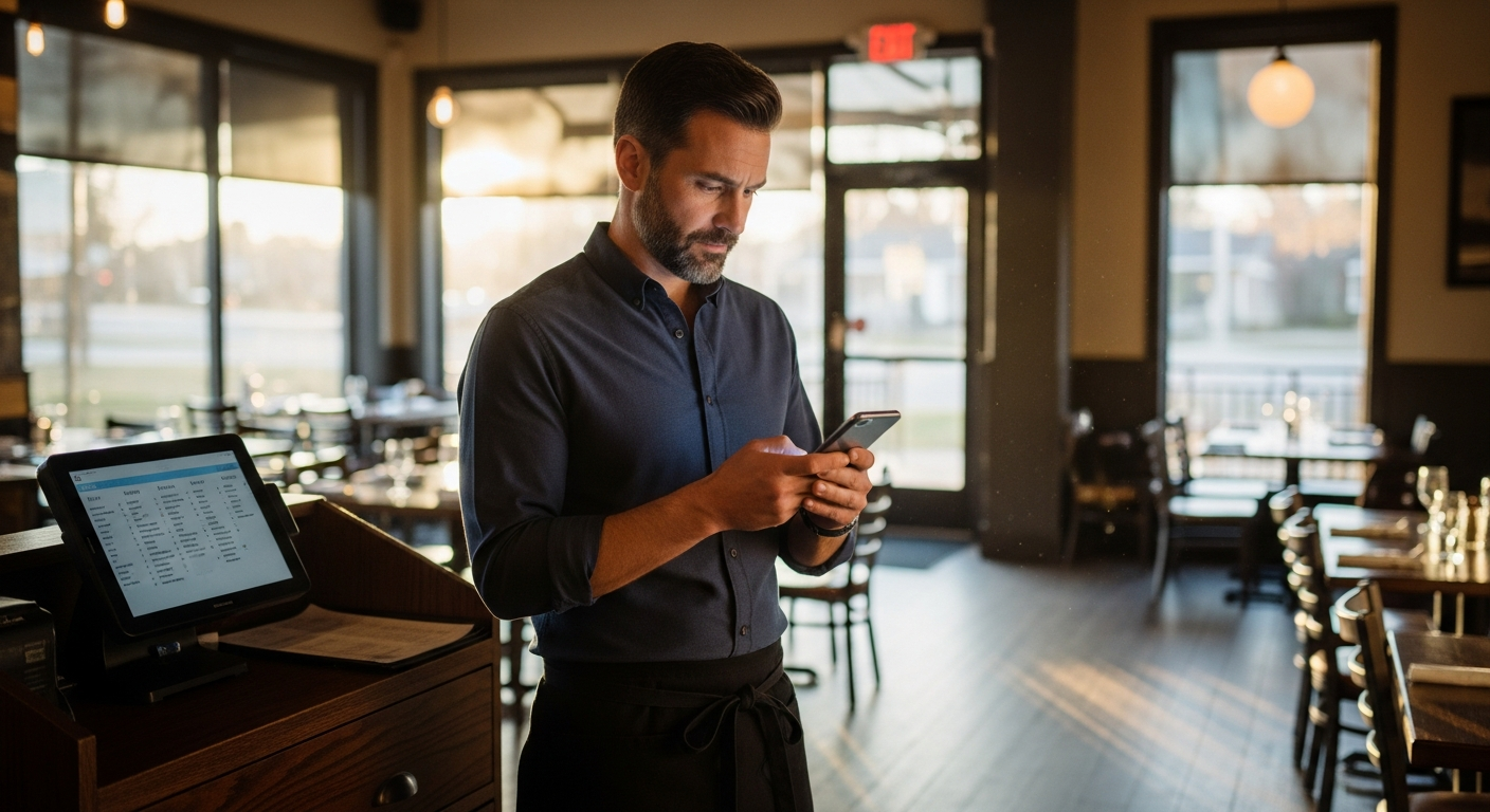 Restaurant manager checking guest data on a phone near the host stand