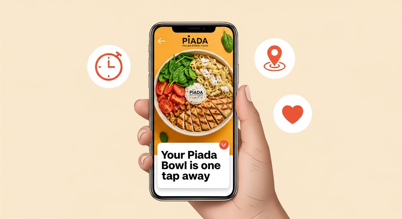 Smartphone displaying a personalized restaurant push notification with icons representing timing, location targeting, and personalization