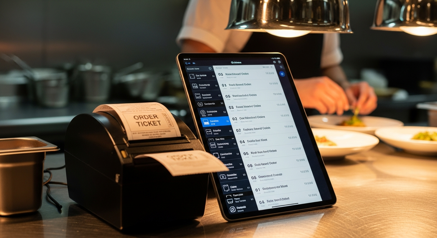 Restaurant kitchen pass with a tablet displaying incoming digital orders alongside freshly plated dishes