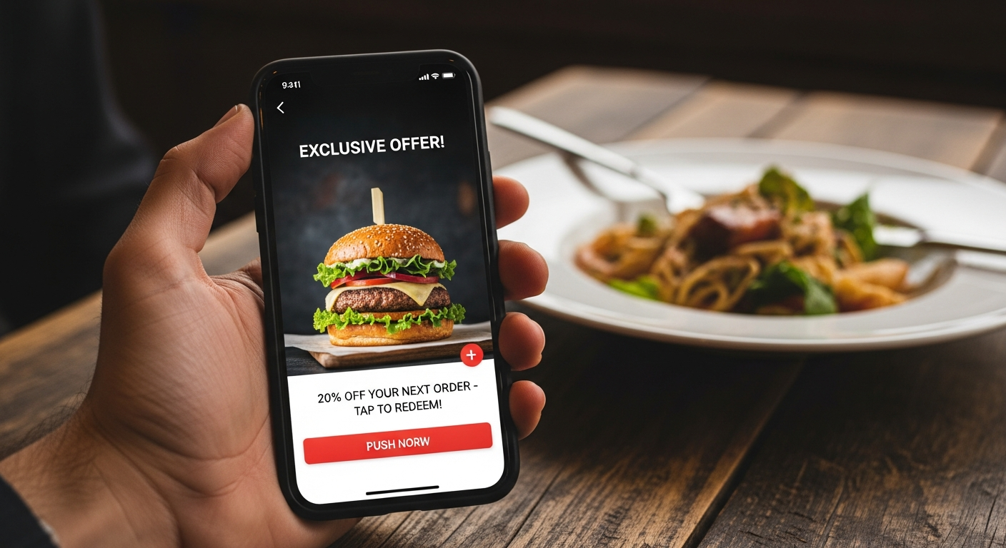 Customer viewing a restaurant push notification offer on their smartphone while dining