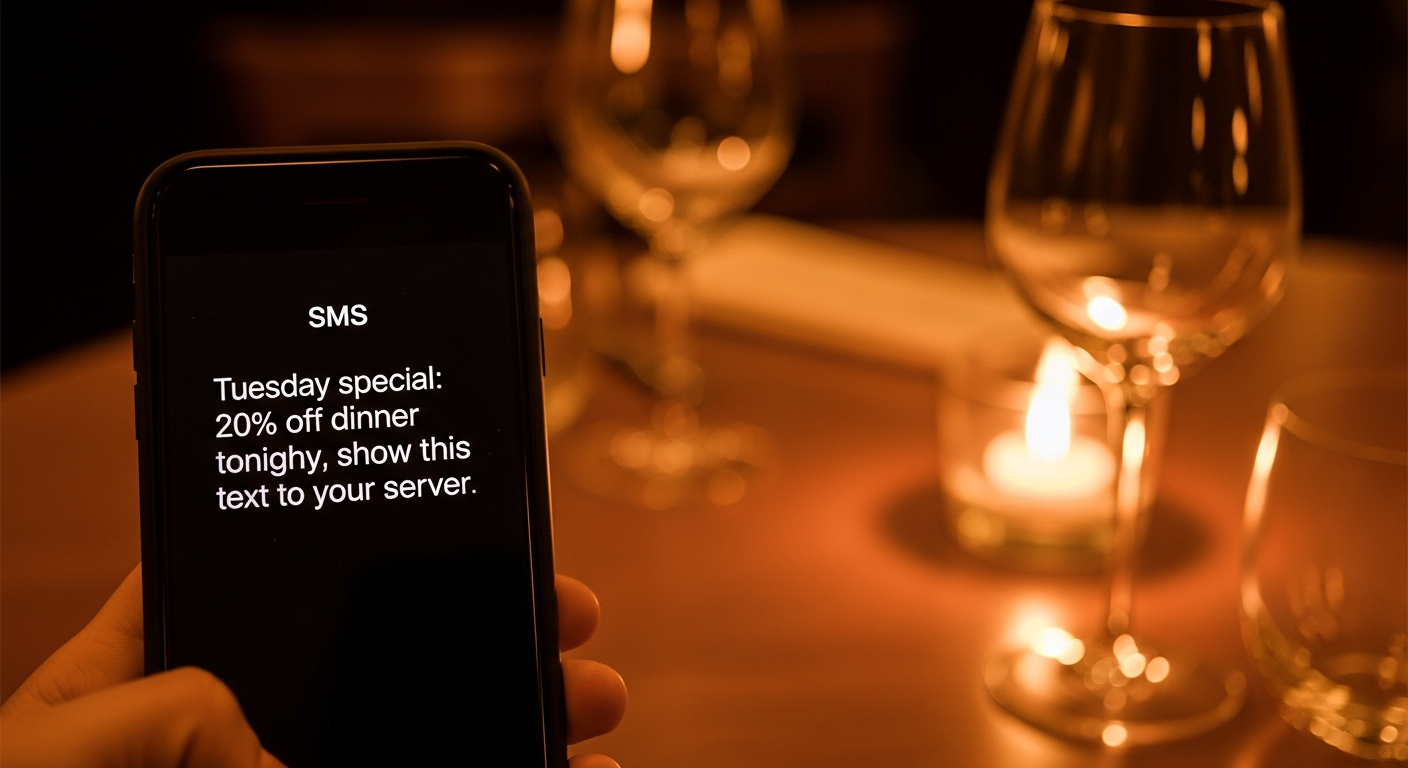 Restaurant owner checking an SMS marketing notification on their phone inside a warm restaurant