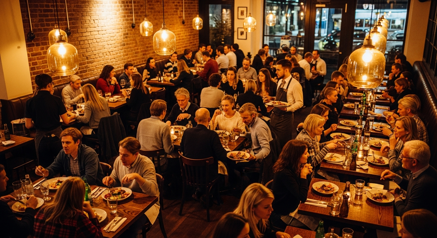 A fully packed independent restaurant dining room on a busy weeknight, every table filled with happy diners