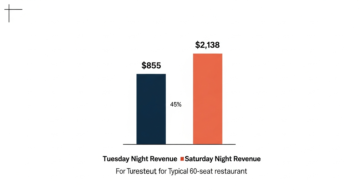 Bar chart comparing average Tuesday night restaurant revenue to Saturday night revenue for a 60-seat full-service restaurant