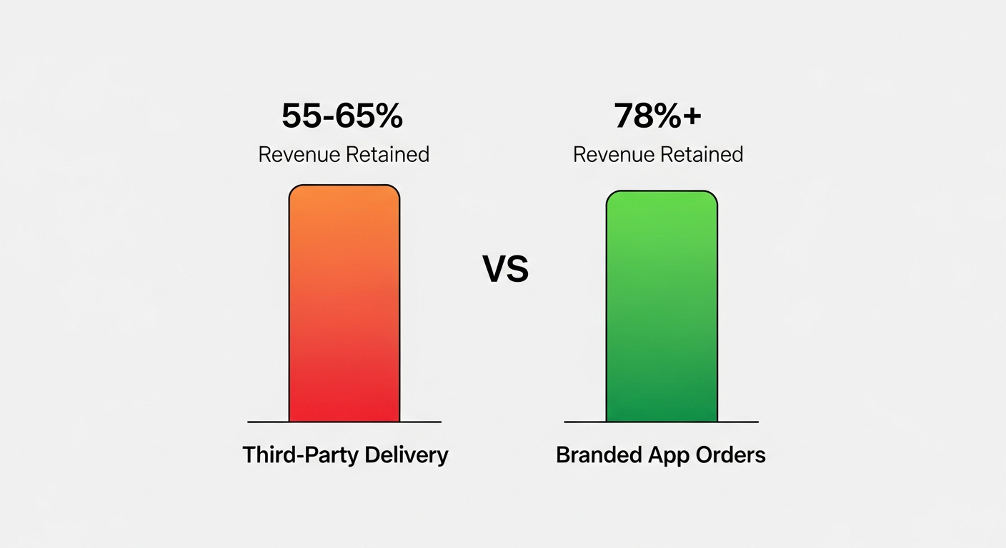 Comparison graphic showing restaurants retain 78% of revenue through branded apps versus 55-65% through third-party delivery platforms