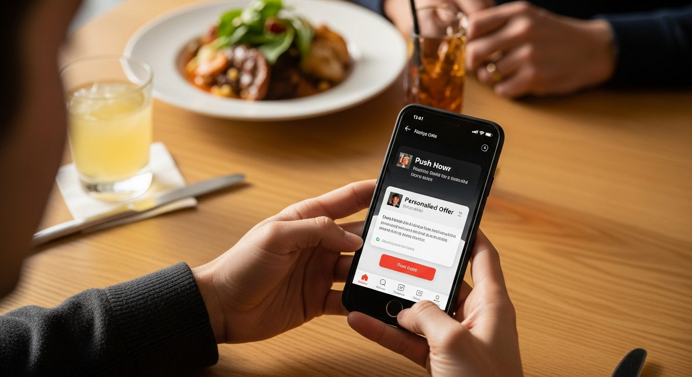 Customer receiving a personalized push notification from a restaurant branded app while dining